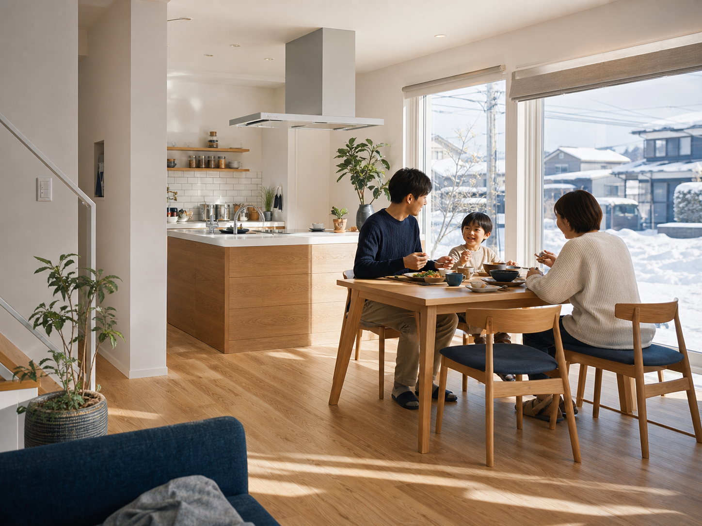 雪の日も暖かいリビングで朝食を楽しむ家族